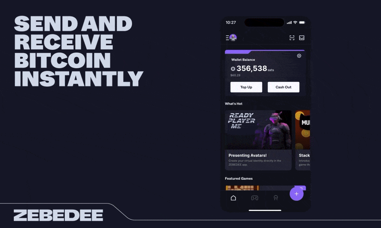 The ZEBEDEE app – Send and receive Bitcoin instantly.