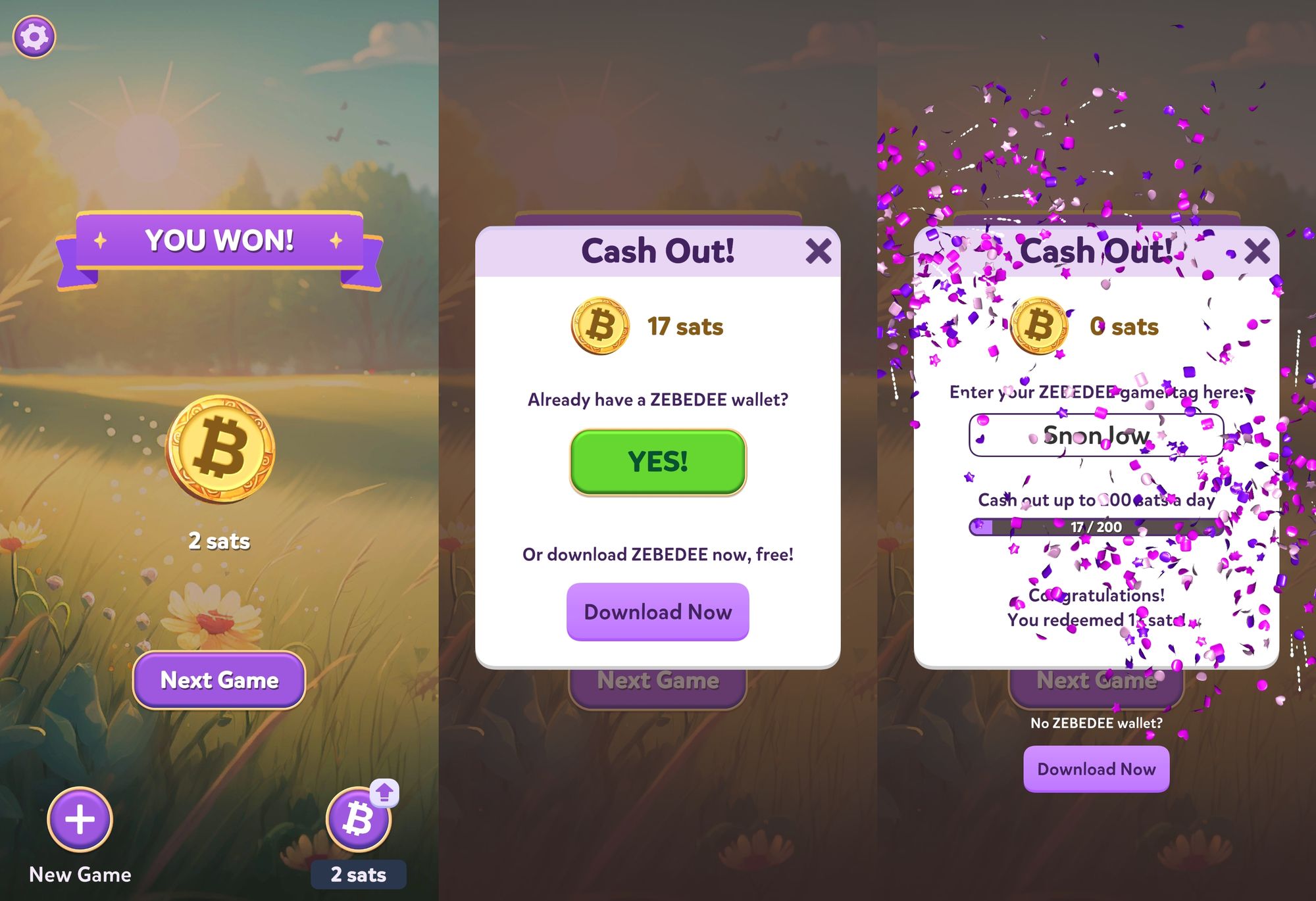Coin Mahjong Bitcoin rewards with ZEBEDEE.